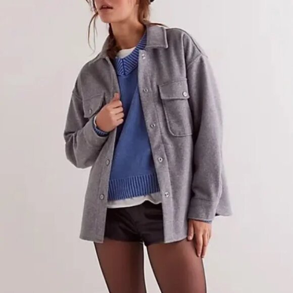 NWOT $168 We The Free Lola Oversized Faux Wool Shirt Jacket Shacket Gray SMALL - Picture 1 of 14